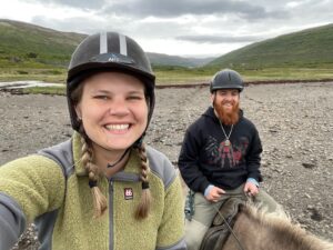 Codi with fellow Snorri Ty horseback riding in Heydalur